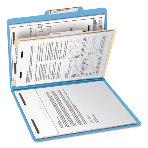 Image of Smead™ Top Tab Classification Folders, Four Safeshield Fasteners, 2" Expansion, 1 Divider, Letter Size, Blue Exterior, 10/Box