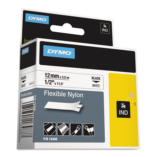 Rhino Flexible Nylon Industrial Label Tape, 0.5" x 11.5 ft, White/Black Print