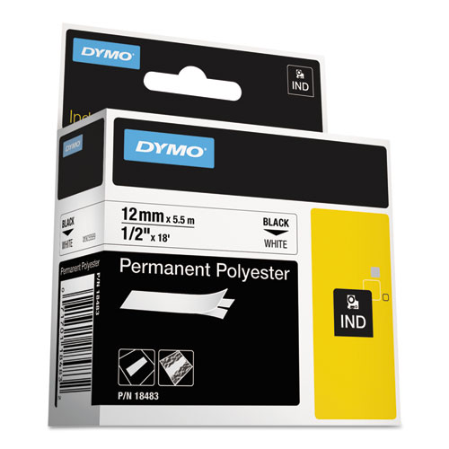 Rhino Permanent Poly Industrial Label Tape, 0.5" x 18 ft, White/Black Print