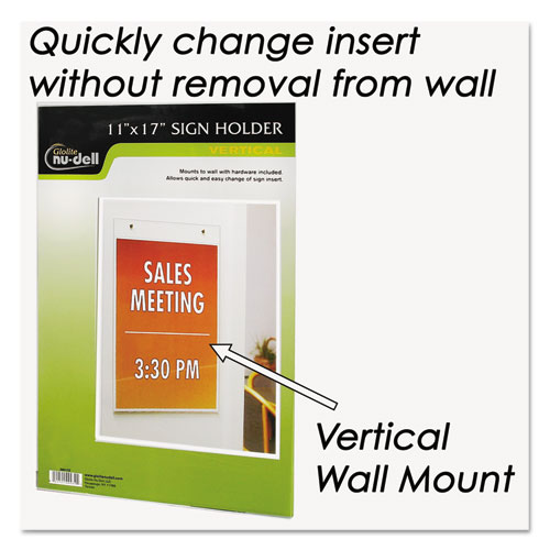 Clear Plastic Vertical-Orientation Wall Sign Holder with Mounting Screws, Quick-Change Insert System, 11 x 17 Insert