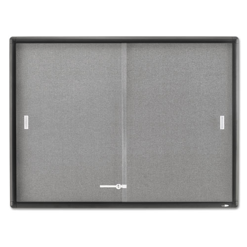 Image of Enclosed Bulletin Board, Fabric/Cork/Glass, 48 x 36, Gray, Aluminum Frame