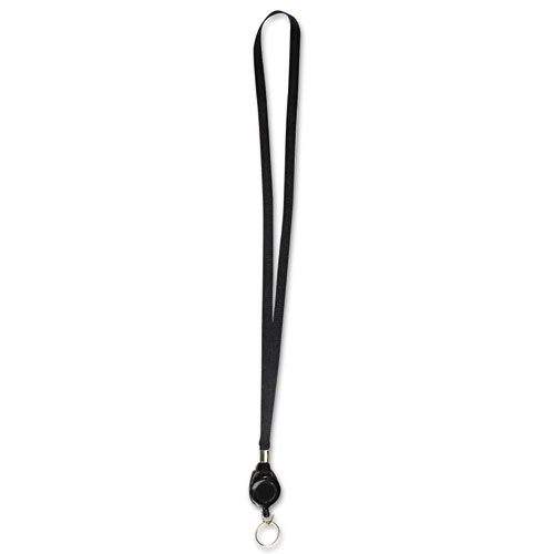 Lanyards with Retractable ID Reels, Ring Style, 34" Long, Black, 12/PK