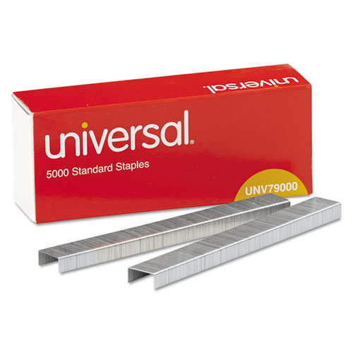 Universal® Standard Chisel Point Staples, 0.25" Leg, 0.5" Crown, Steel, 5,000/Box, 5 Boxes/Pack, 25,000/Pack