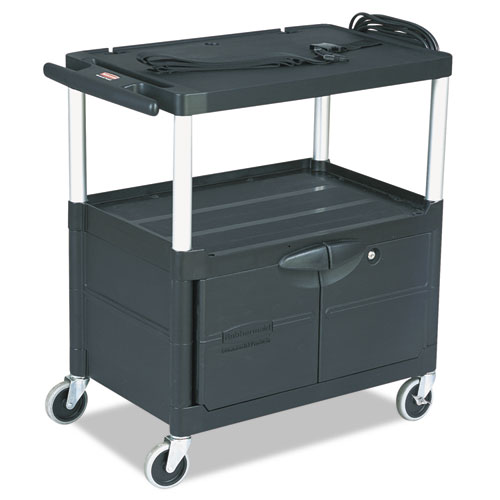 Rubbermaid® Commercial MediaMaster Three-Shelf AV Cart with Cabinet, 18-5/8w x 32-1/2d x 32-1/8h, Black
