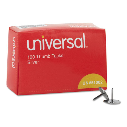Universal® Thumb Tacks, Steel, Silver, 5/16", 100/Box