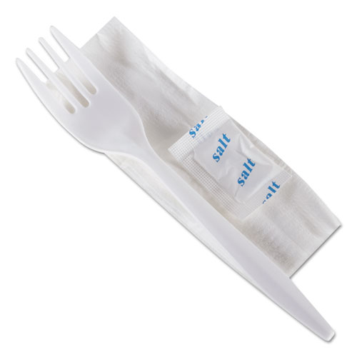 Image of Wrapped Cutlery Kit, 6,25", Fork/Napkin/Salt, Polypropylene, White, 500/Carton