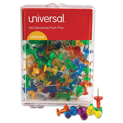 Universal® Colored Push Pins, Plastic, Gemstone, 3/8", 100/Pack
