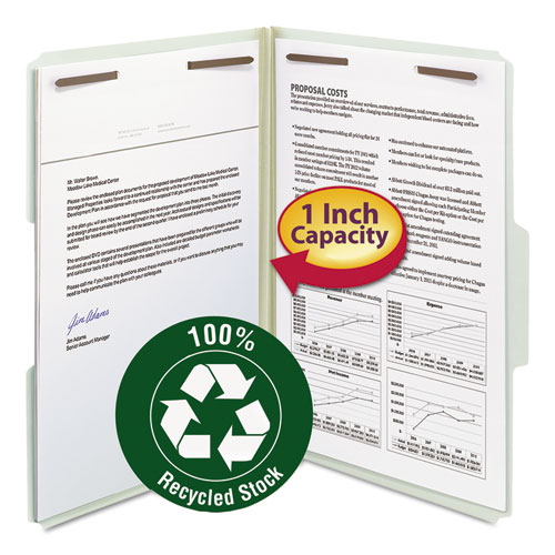 Smead™ Recycled Pressboard Fastener Folders, 1" Expansion, 2 Fasteners, Legal Size, Gray-Green Exterior, 25/Box