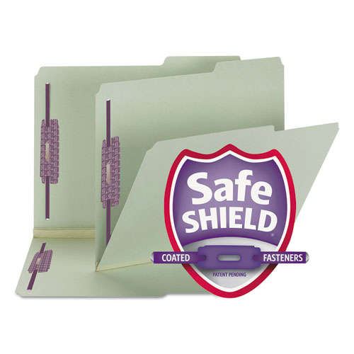 Image of Smead™ Recycled Pressboard Folders, Two Safeshield Coated Fasteners, 2/5-Cut: Right, 2" Expansion, Letter Size, Gray-Green, 25/Box