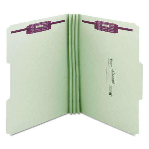 Image of Smead™ Recycled Pressboard Fastener Folders, 1/3-Cut Tabs, Two Safeshield Fasteners, 3" Expansion, Letter Size, Gray-Green, 25/Box