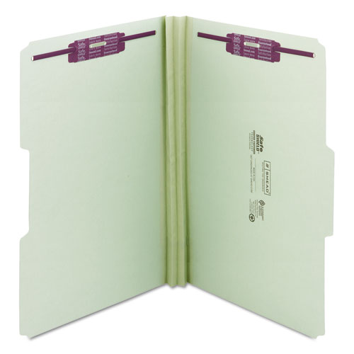 Recycled Pressboard Fastener Folders, 1/3-Cut Tabs, Two SafeSHIELD Fasteners, 2" Expansion, Legal Size, Gray-Green, 25/Box