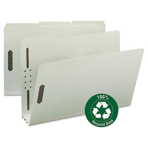 Smead™ Recycled Pressboard Fastener Folders, 3" Expansion, 2 Fasteners, Legal Size, Gray-Green Exterior, 25/Box