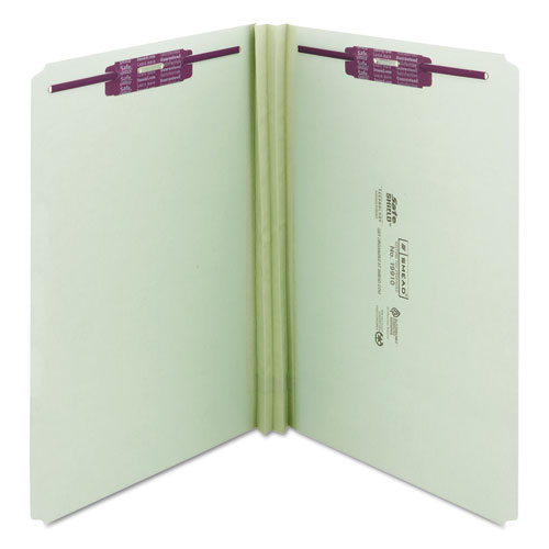 Recycled Pressboard Fastener Folders, Straight Tabs, Two SafeSHIELD Fasteners, 2" Expansion, Legal Size, Gray-Green, 25/Box