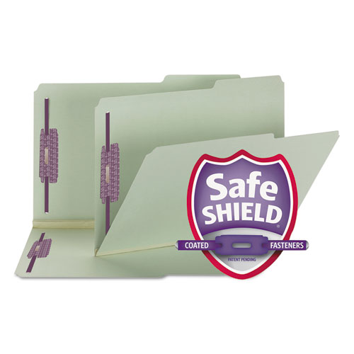 Recycled Pressboard Folders, Two SafeSHIELD Coated Fasteners, 2/5-Cut: Right, 2" Expansion, Legal Size, Gray-Green, 25/Box