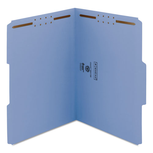 Image of Smead™ Top Tab Colored Fastener Folders, 0.75" Expansion, 2 Fasteners, Letter Size, Blue Exterior, 50/Box