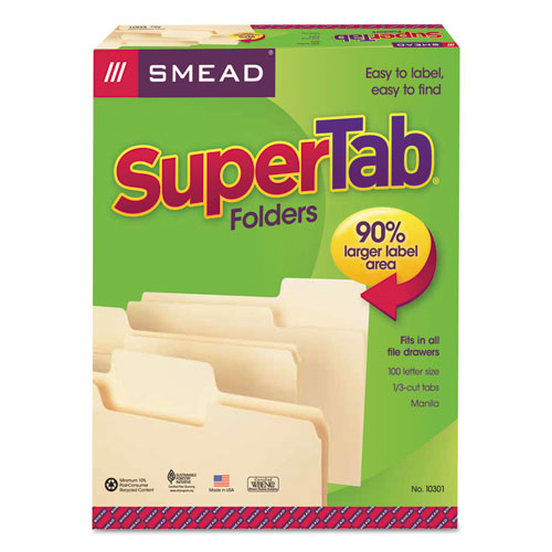 SuperTab Top Tab File Folders, 1/3-Cut Tabs: Assorted, Letter Size, 0.75" Expansion, 11-pt Manila, 100/Box