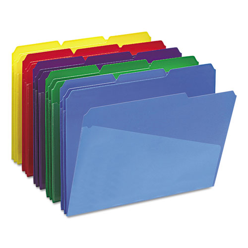Image of Smead™ Poly Colored File Folders With Slash Pocket, 1/3-Cut Tabs: Assorted, Letter Size, 0.75" Expansion, Assorted Colors, 30/Box