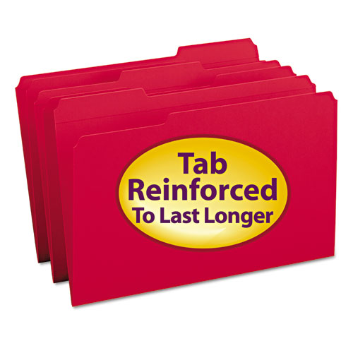 REINFORCED TOP TAB COLORED FILE FOLDERS, 1/3-CUT TABS, LEGAL SIZE, RED, 100/BOX