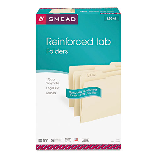 Reinforced Tab Manila File Folders, 1/3-Cut Tabs, Legal Size, 11 pt. Manila, 100/Box