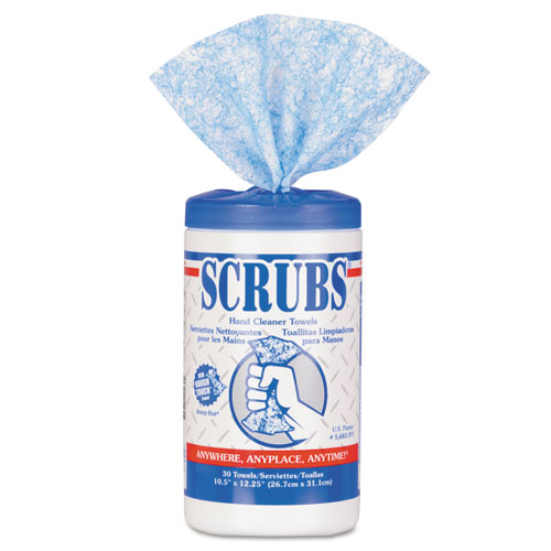 Scrubs® Hand Cleaner Towels, 1-Ply, 10 X 12, Citrus, Blue/White, 30/Canister