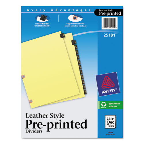 Preprinted Black Leather Tab Dividers w/Copper Reinforced Holes, 12-Tab, Letter AVE25181