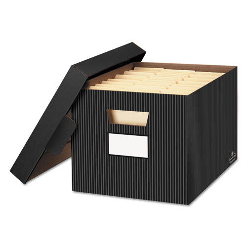 Bankers Box® Stor/File Decorative Medium-Duty Storage Box, Letter/Legal Files, 12.5" X 16.25" X 10.25", Black/Gray Pinstripe Design, 4/Ct