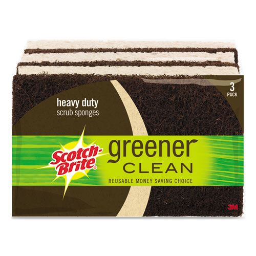 Image of Greener Clean Heavy-Duty Scrub Sponge, 4.5 x 2.7, 0.6" Thick, Light Brown, 3/Pack
