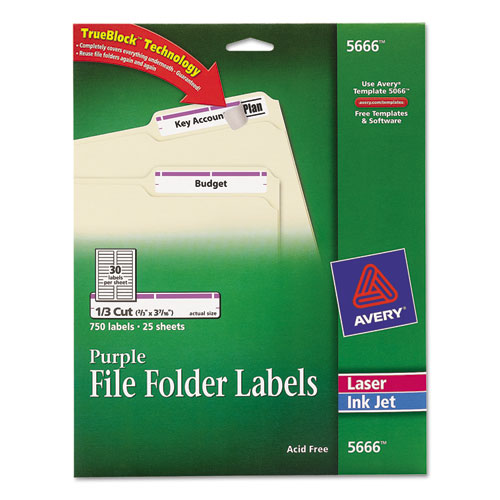 Avery® Permanent File Folder Labels, TrueBlock, Inkjet/Laser, Purple Border, 750/Pack