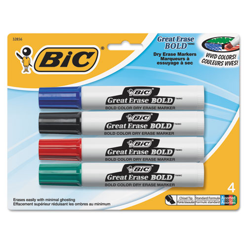 BIC® Great Erase Bold Tank-Style Dry Erase Marker, Chisel Tip, Assorted, 4/Pack
