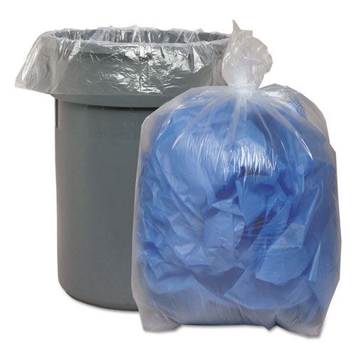 Boardwalk® Recycled Low-Density Polyethylene Can Liners, 33 gal, 1.1 mil, 33" x 39", Clear, 10 Bags/Roll, 10 Rolls/Carton