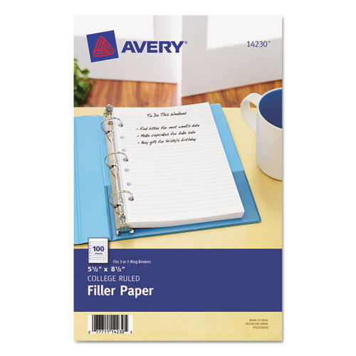 Image of Mini Size Binder Filler Paper, 7-Hole Side Punched, 5.5 x 8.5, College Rule, 100/Pack
