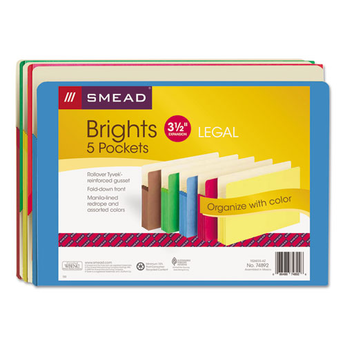 Colored File Pockets, 3.5" Expansion, Legal Size, Assorted, 5/Pack