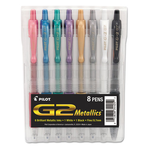 G2 Metallics Retractable Gel Pen, Fine 0.7mm, Assorted Ink/Barrel, 8/Pack | by Plexsupply