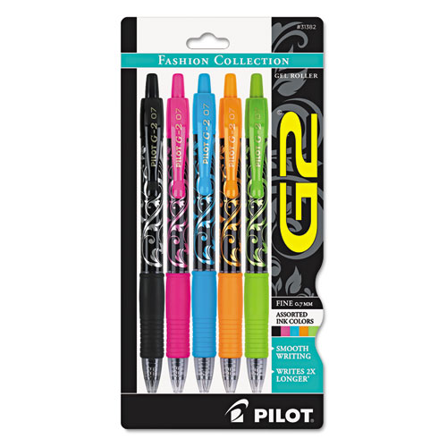 Pilot® G2 Fashion Premium Retractable Gel Ink Pen, Assorted Ink/Barrels, .7mm, 5/Set