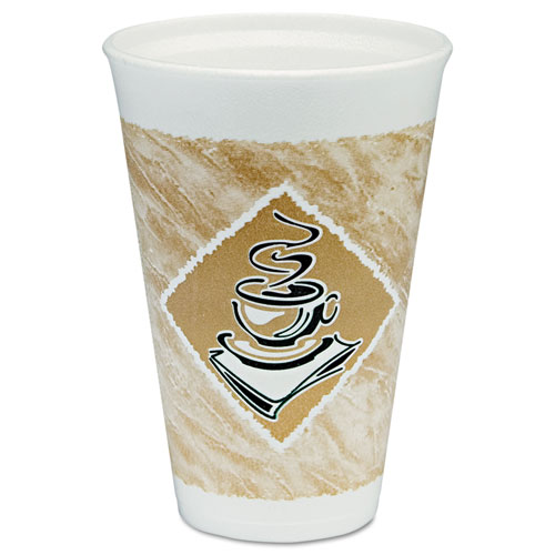 Cafe G Hot/cold Cups, Foam, 16 Oz, White/brown With Green Accents, 25/pack
