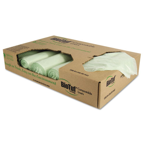 Biotuf Compostable Can Liners, 32 gal, 1 mil, 34" x 48", Green, 20 Bags/Roll, 5 Rolls/Carton
