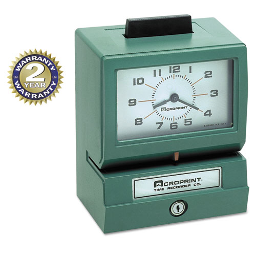 Model 125 Heavy-Duty Time Recorder, Manual Operation, Date/0-23 Hours/Minutes Imprint, Green