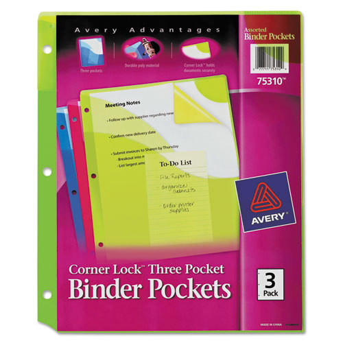 Avery® Corner Lock Three-Pocket Binder Pocket, 11 1/4 x 9 1/4, Assorted Color, 3/Pack