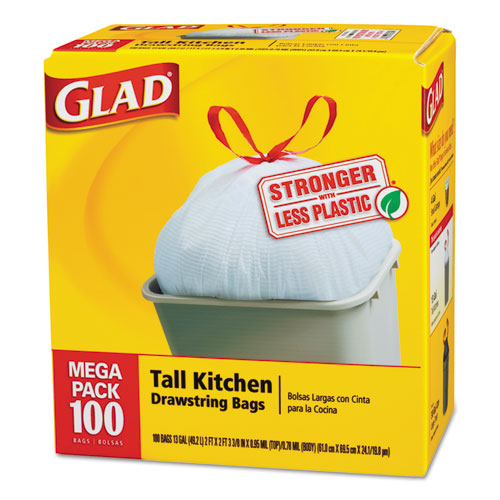 Glad Tall Kitchen Drawstring Trash Bags, 13 Gal, 0.95 Mil, 24 X 27.38,  Gray, 100/Box - CLO78526