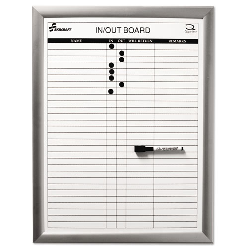 7110015680403 SKILCRAFT Quartet Magnetic In/Out Board, Up to 29 Employees, 18 x 24, White Surface, Anodized Aluminum Frame