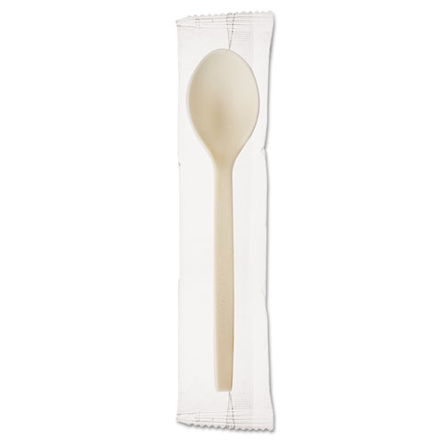 RENEWABLE INDIVIDUALLY WRAPPED PLANT STARCH SPOON - 7"., 750/CARTON