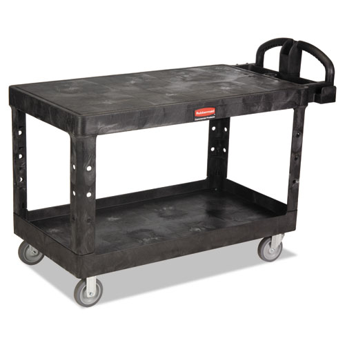 Rubbermaid® Commercial Heavy-Duty Utility Cart With Flat Shelves, Plastic, 2 Shelves, 500 Lb Capacity, 25.25" X 54" X 36", Black