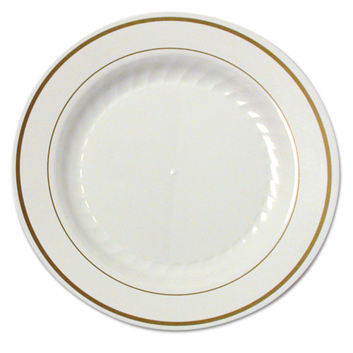 Masterpiece Plastic Plates, 7 1/2 In, Ivory W/gold Accents, Rnd, 10/pk, 15 Pk/ct