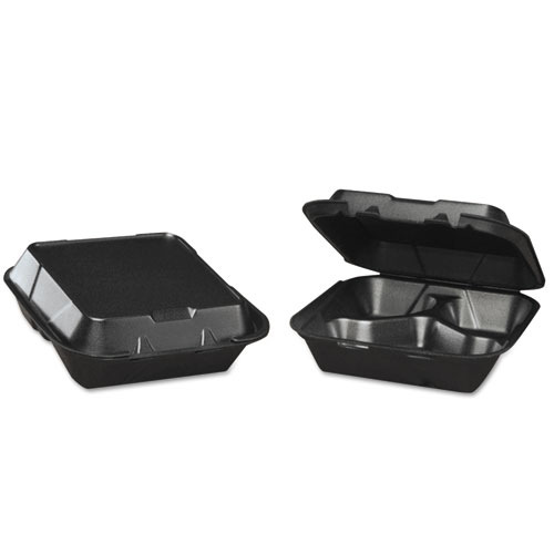 Snap-It Foam Hinged Carryout Container, 3-Comp, Black, 8-1/4x8x3,100/bg, 2 Bg/ct