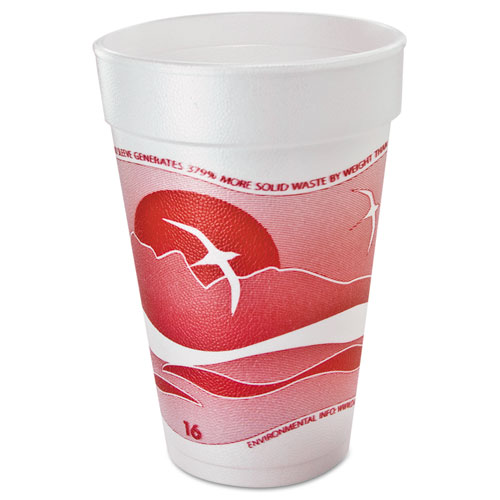Image of Horizon Hot/Cold Foam Drinking Cups, 16 oz, Printed, Cranberry/White, 25/Bag, 40 Bags/Carton