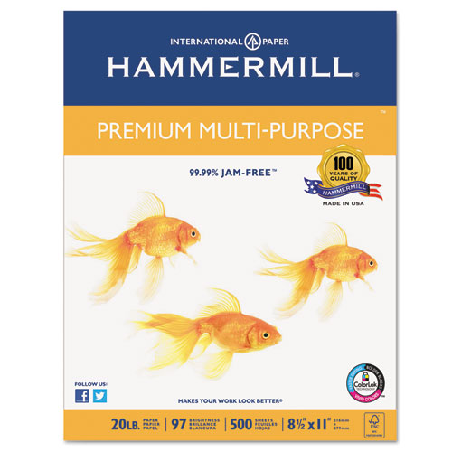 Hammermill® Premium Multipurpose Paper, 20-lb., 8-1/2 x 11, White, 2500/Carton