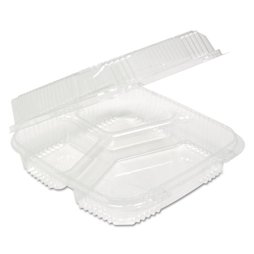 ClearView SmartLock Hinged Lid Container, 3-Compartment, 5 oz/14 oz, 8.2 x 8.34 x 2,91, Clear, Plastic, 200/Carton