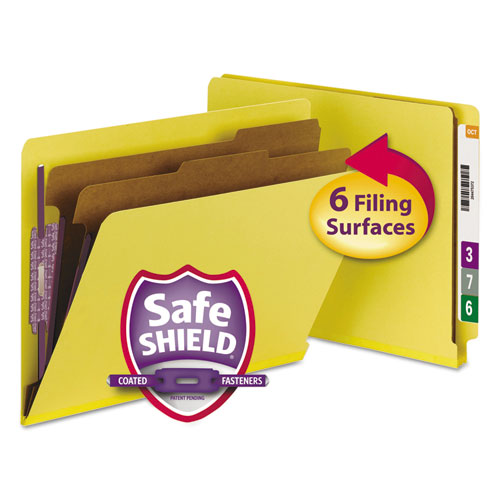 END TAB COLORED PRESSBOARD CLASSIFICATION FOLDERS WITH SAFESHIELD COATED FASTENERS, 2 DIVIDERS, LETTER SIZE, YELLOW, 10/BOX