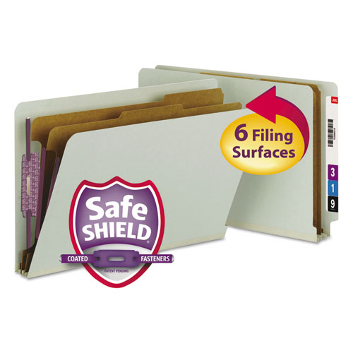 End Tab Pressboard Classification Folders with SafeSHIELD Coated Fasteners, 2 Dividers, Legal Size, Gray-Green, 10/Box | by Plexsupply