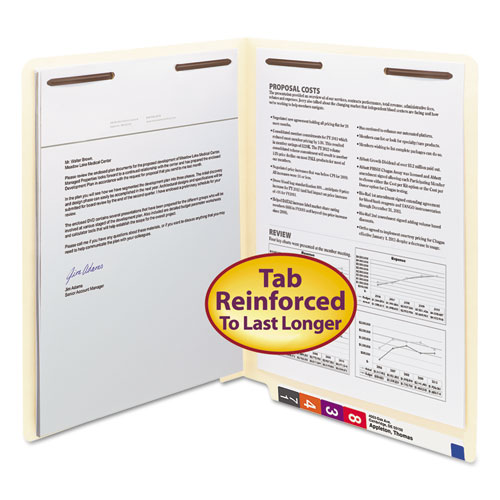 End Tab Fastener Folders with Reinforced Straight Tabs, 11-pt Manila, 2 Fasteners, Letter Size, Manila Exterior, 50/Box